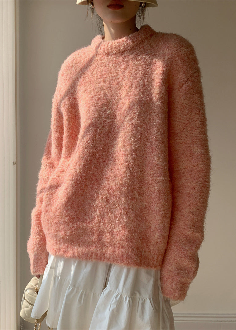 Loose Pink O-neck Fluffy Sweaters Spring