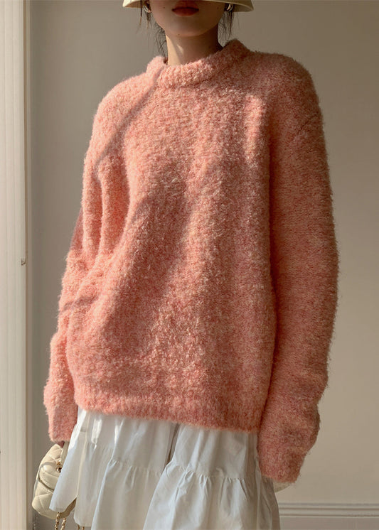 Loose Pink O-neck Fluffy Sweaters Spring