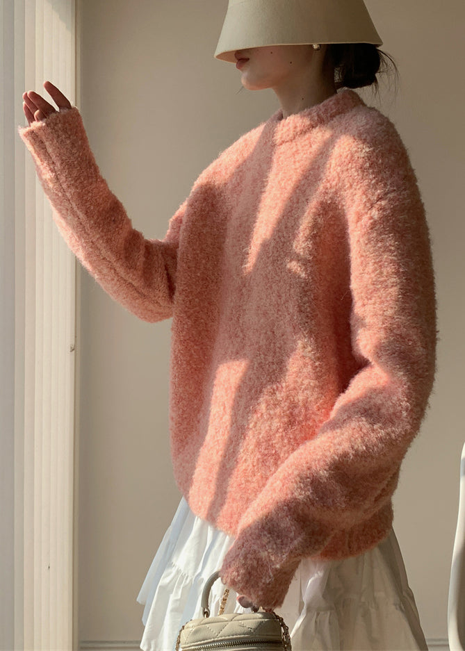 Loose Pink O-neck Fluffy Sweaters Spring