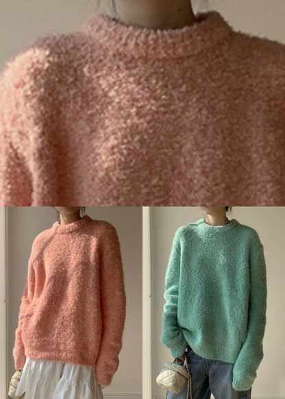 Loose Pink O-neck Fluffy Sweaters Spring