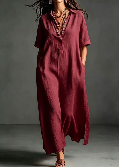 Loose Pink Peter Pan Collar Pockets Cotton Maxi Dresses Summer