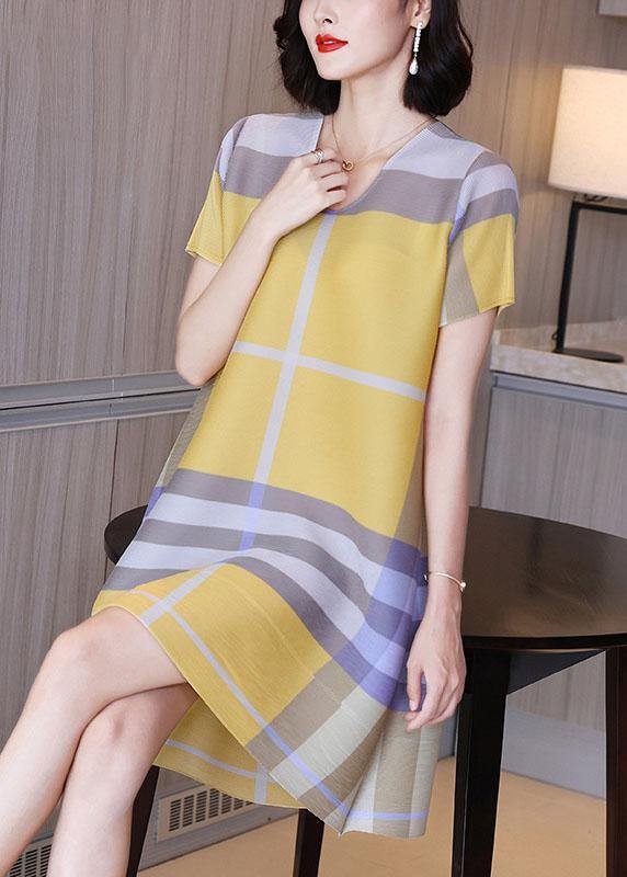 Loose Pink Plaid O-neck Half Sleeve Dress Summer