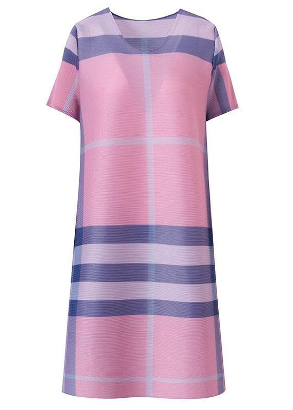 Loose Pink Plaid O-neck Half Sleeve Dress Summer