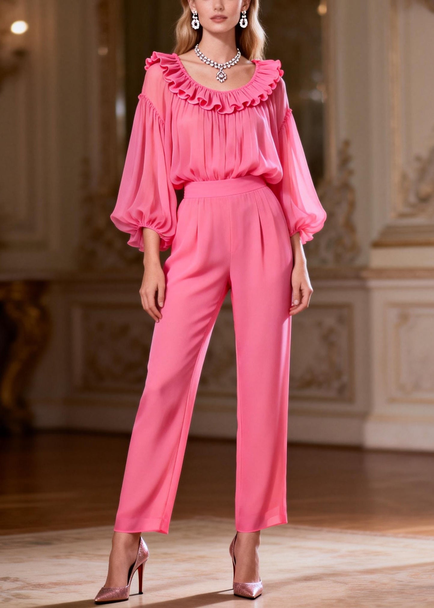 Loose Pink Ruffled High Waist Two-piece Set Spring
