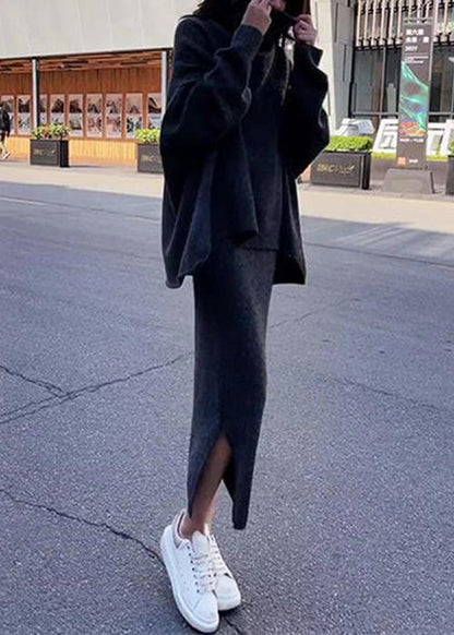 Loose Pink Turtleneck Sweaters and Skirts Knit Two Pieces Set Winter
