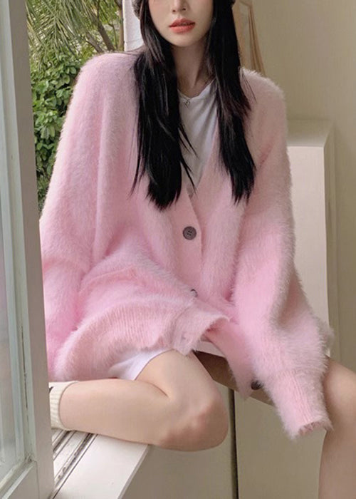 Loose Pink V Neck Button Knit Cardigan Fall