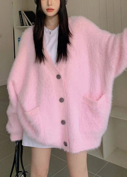Loose Pink V Neck Button Knit Cardigan Fall
