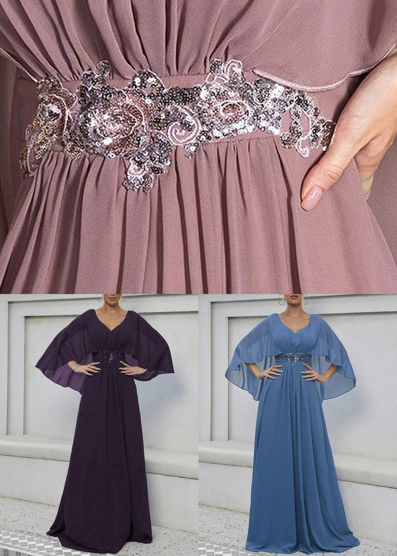 Loose Pink V Neck Sequins Chiffon Maxi Dresses Half Sleeve