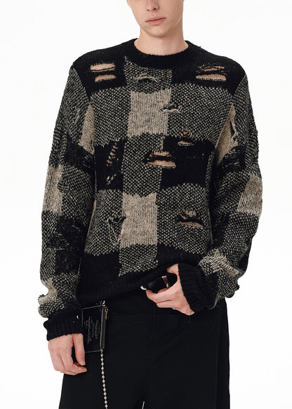 Loose Plaid Hole Patchwork Knit Sweater Tops Fall