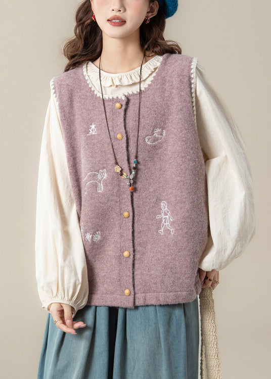 Loose Purple Embroidered Knit Vest and Apricot Ruffled Cotton Shirts Two Pieces Set Spring