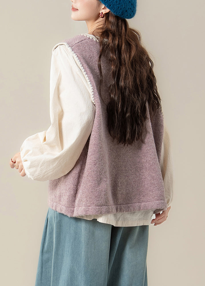 Loose Purple Embroidered Knit Vest and Apricot Ruffled Cotton Shirts Two Pieces Set Spring