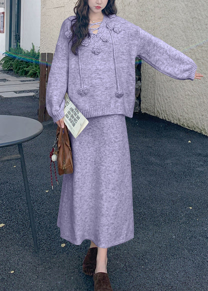 Loose Purple Sweaters and Skirts Knit Two Pieces Set Winter