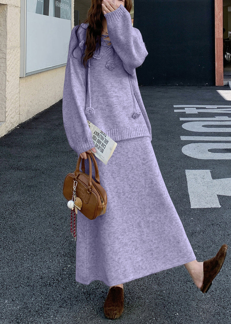 Loose Purple Sweaters and Skirts Knit Two Pieces Set Winter