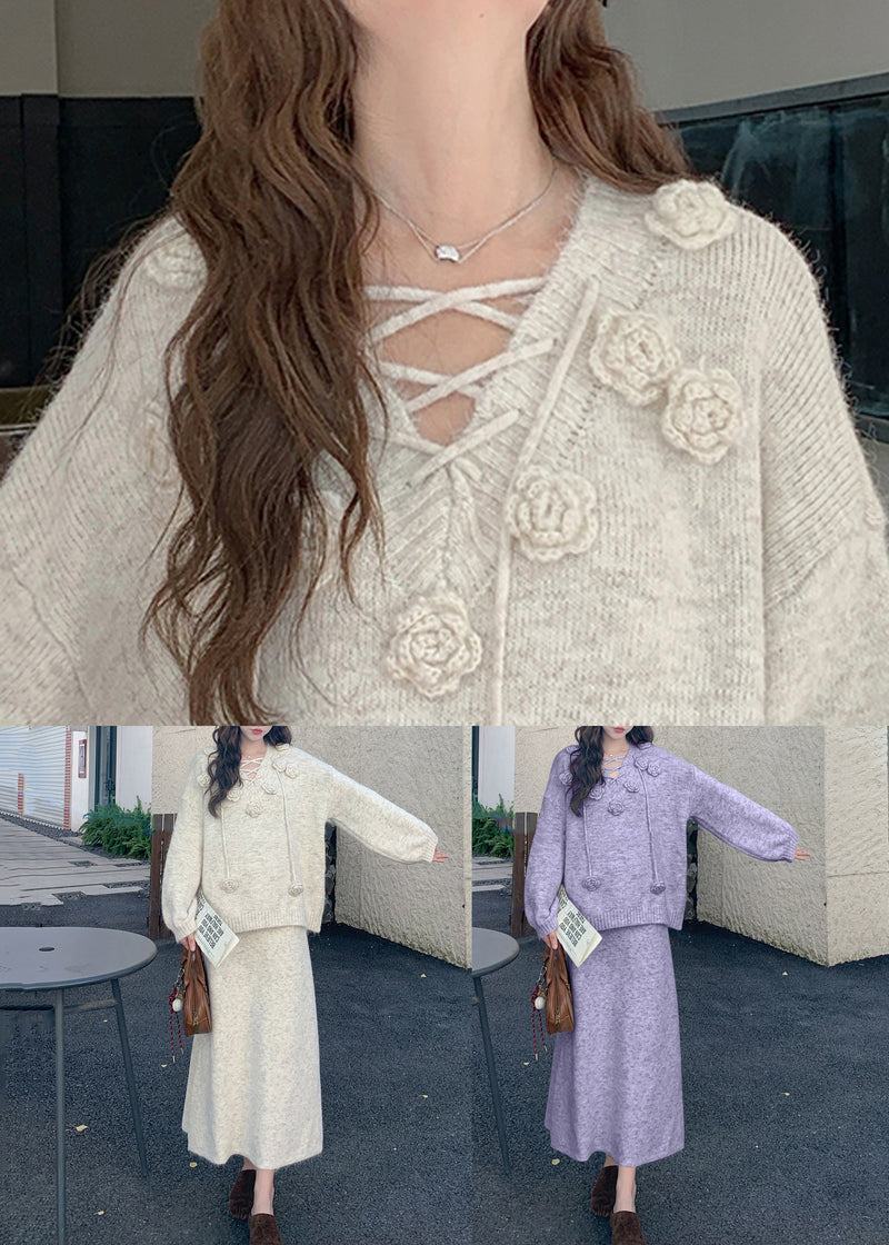 Loose Purple Sweaters and Skirts Knit Two Pieces Set Winter