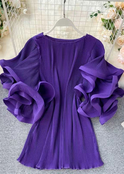 Loose Purple O-neck Patchwork Chiffon Mini Dresses Butterfly Sleeve