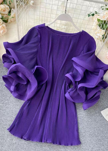 Loose Purple O-neck Patchwork Chiffon Mini Dresses Butterfly Sleeve