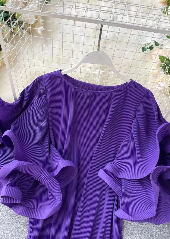 Loose Purple O-neck Patchwork Chiffon Mini Dresses Butterfly Sleeve