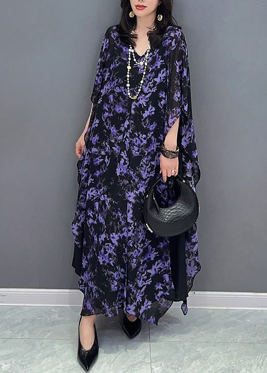 Loose Purple O-neck Print Maxi Dress Summer