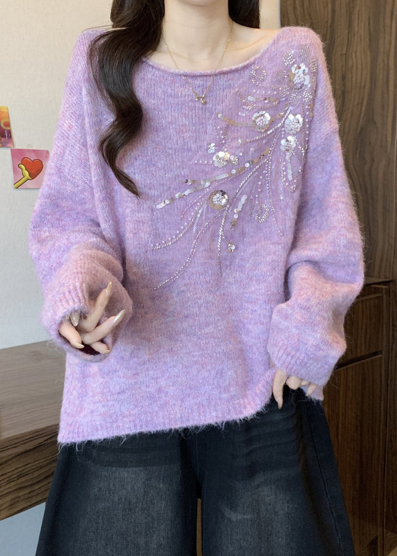 Loose Purple O Neck Sequins Cozy Knit Sweaters Winter