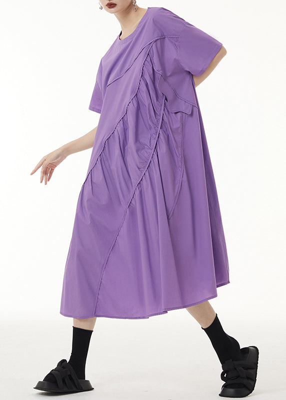 Loose Purple O-neck Wrinkled Patchwork Cotton Long Dress Short Sleeve