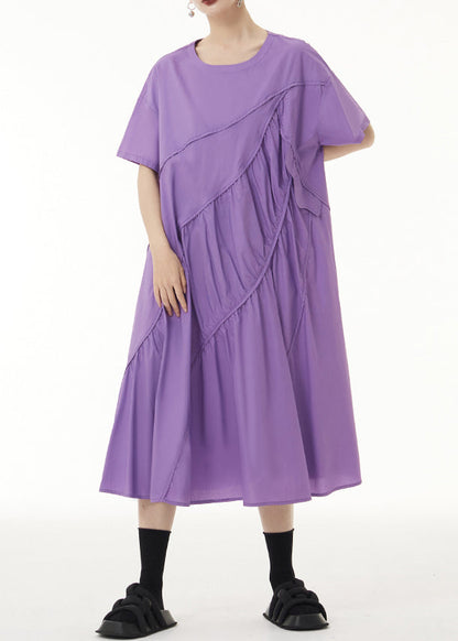 Loose Purple O-neck Wrinkled Patchwork Cotton Long Dress Short Sleeve