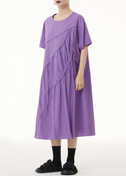 Loose Purple O-neck Wrinkled Patchwork Cotton Long Dress Short Sleeve