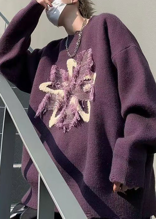 Loose Purple Tasseled Hole Knit Sweater Winter