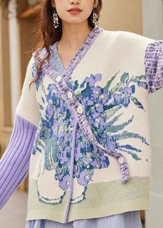 Loose Purple V Neck Button Cotton Knit Sweater Coats Fall