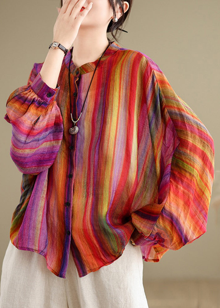 Loose Red Flower Button Linen Blouses Batwing Sleeve