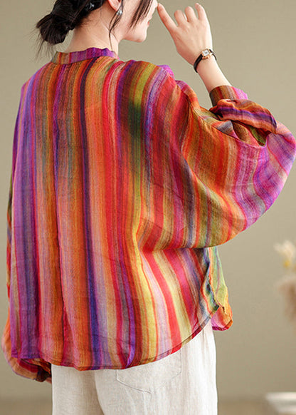 Loose Red Flower Button Linen Blouses Batwing Sleeve