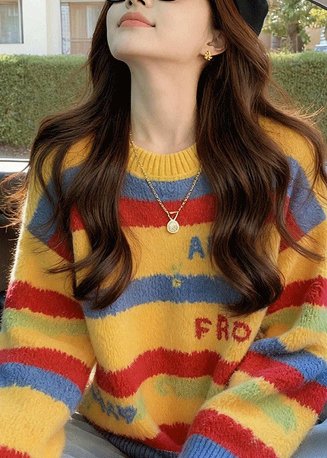 Loose Rainbow Striped Thick Cotton Knit Sweater Spring
