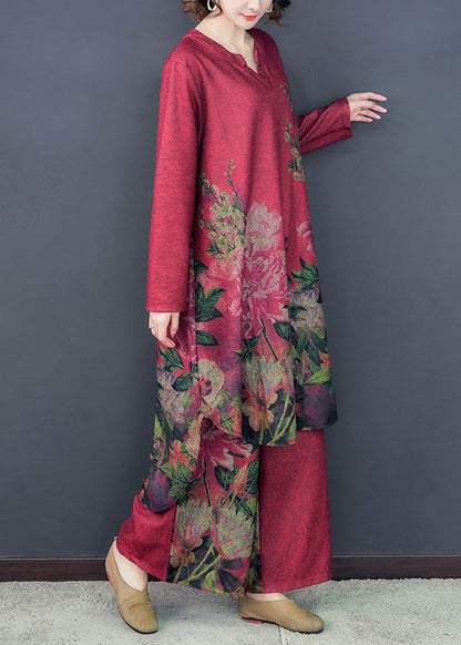 Loose Red Asymmetrical Print Silk Dress and Wide Leg Pants Two Pieces Set Spring