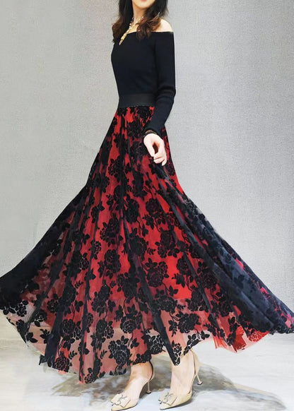 Loose Red Flocking Exra Large Hem Tulle Skirts Spring