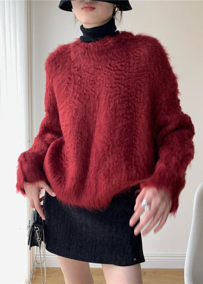 Loose Red Fluffy Knit Sweater Spring