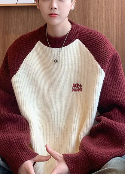 Loose Red Letter Patchwork Knit Sweater Winter