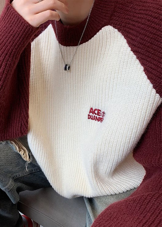 Loose Red Letter Patchwork Knit Sweater Winter