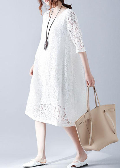 Loose Red O-neck Hollow Out Lace Summer Party Dress Half Sleeve