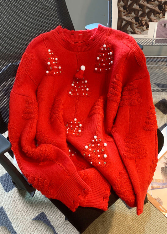 Loose Red O-neck Nail Bead Patchwork Cotton Knit Sweaters Spring