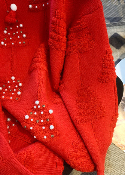 Loose Red O-neck Nail Bead Patchwork Cotton Knit Sweaters Spring