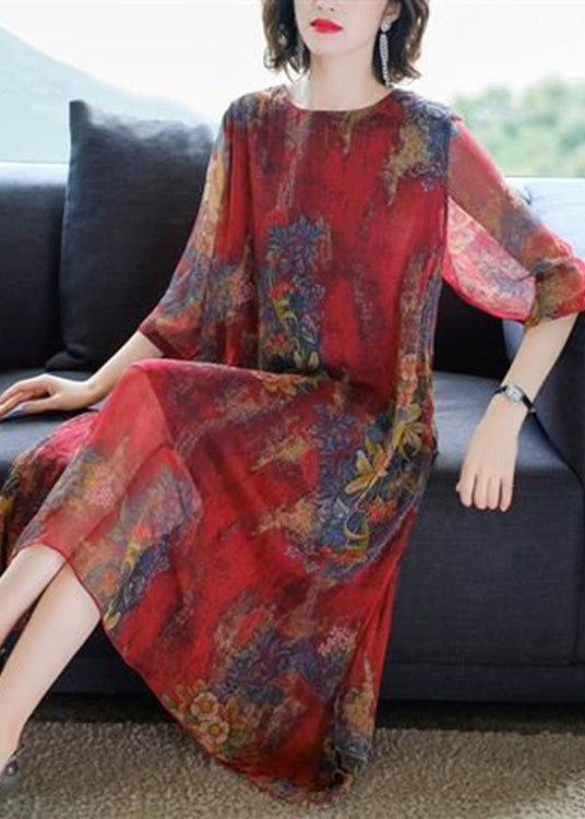 Loose Red O-neck Print Chiffon Holiday Maxi Dress Summer