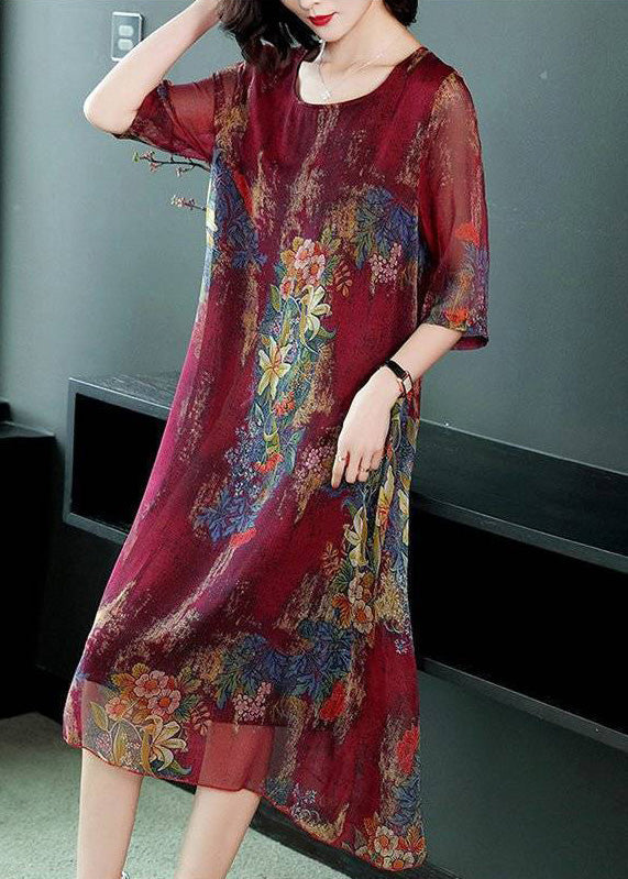 Loose Red O-neck Print Chiffon Holiday Maxi Dress Summer