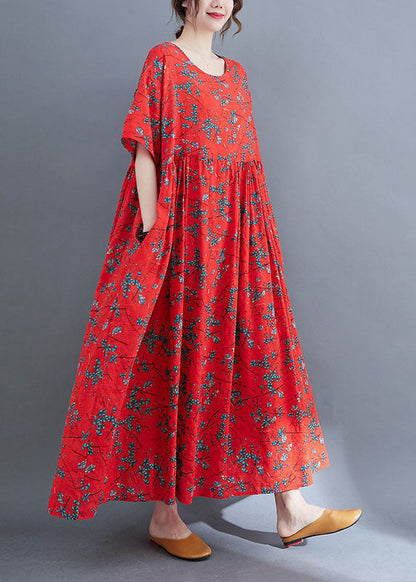 Loose Red O-neck Print Exra Large Hem Wrinkled Cotton Holiday Dress Short Sleeve
