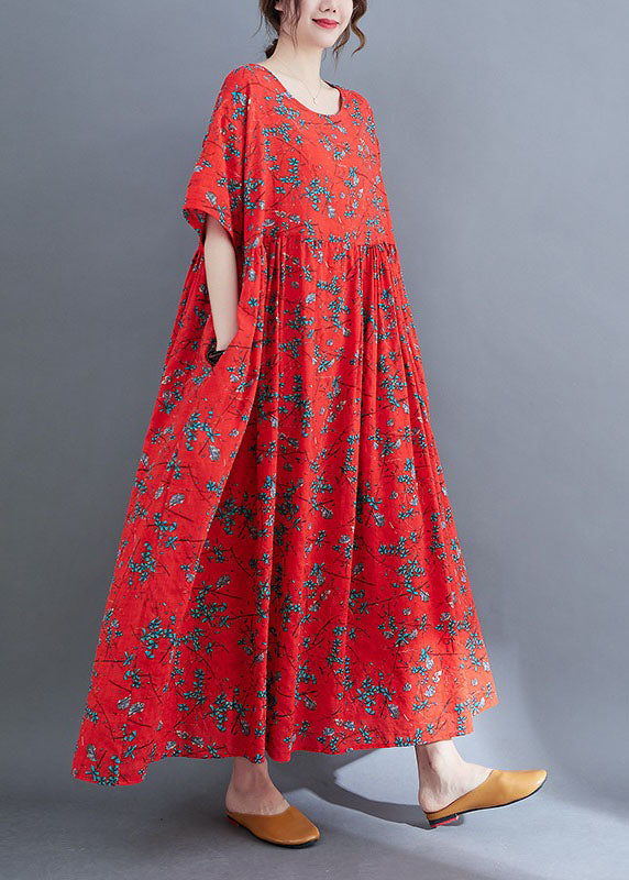 Loose Red O-neck Print Exra Large Hem Wrinkled Cotton Holiday Dress Short Sleeve