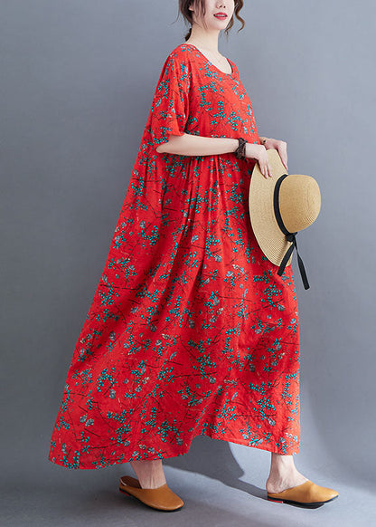 Loose Red O-neck Print Exra Large Hem Wrinkled Cotton Holiday Dress Short Sleeve