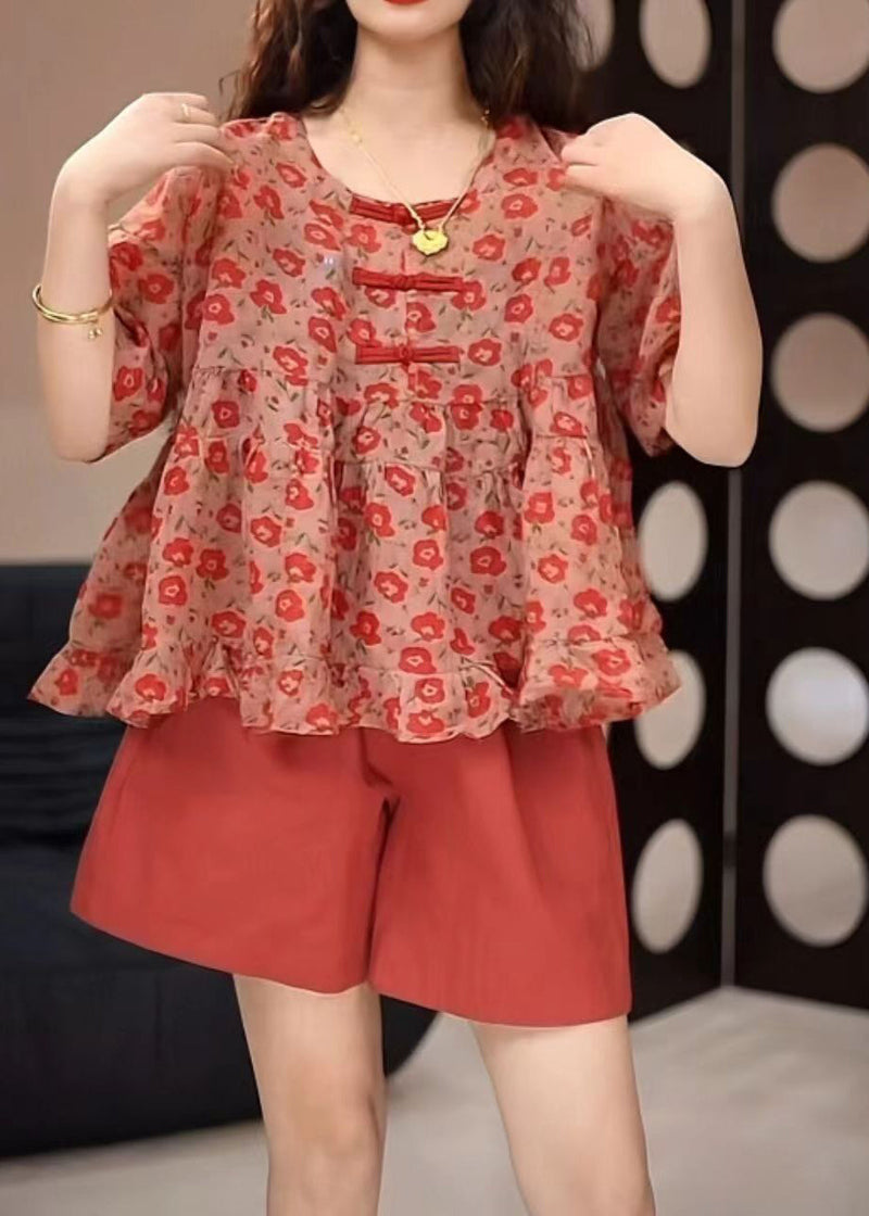 Loose Red O-neck Print Top and Shorts Two Pieces Set Summer