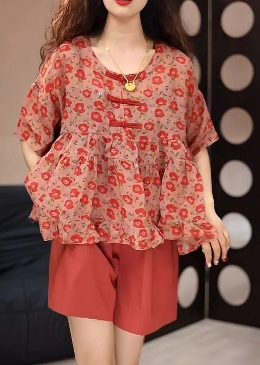 Loose Red O-neck Print Top and Shorts Two Pieces Set Summer