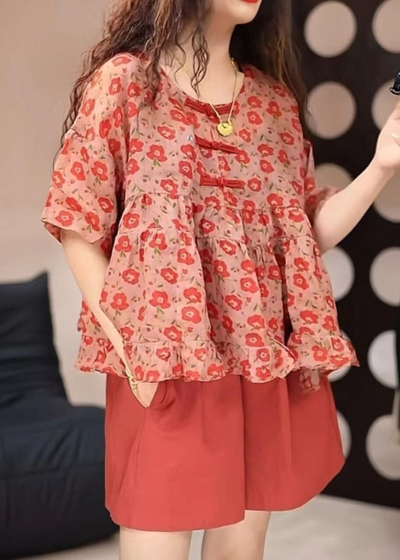 Loose Red O-neck Print Top and Shorts Two Pieces Set Summer