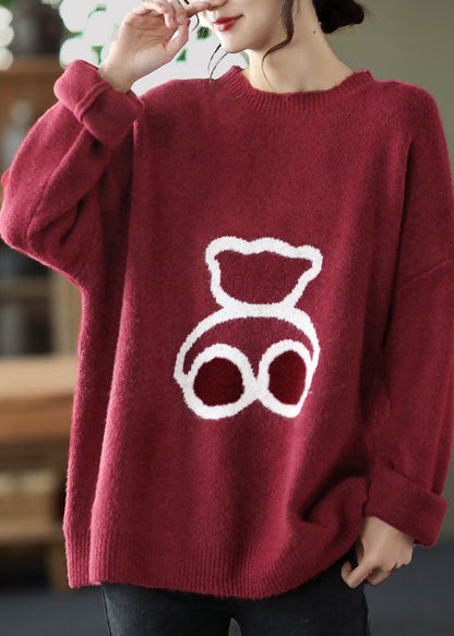 Loose Red O-neck Print Woolen Sweaters Spring