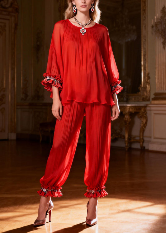 Loose Red O Neck Ruffled Tops and Crop Pants Two Piece Set Bracelet Sleeve
