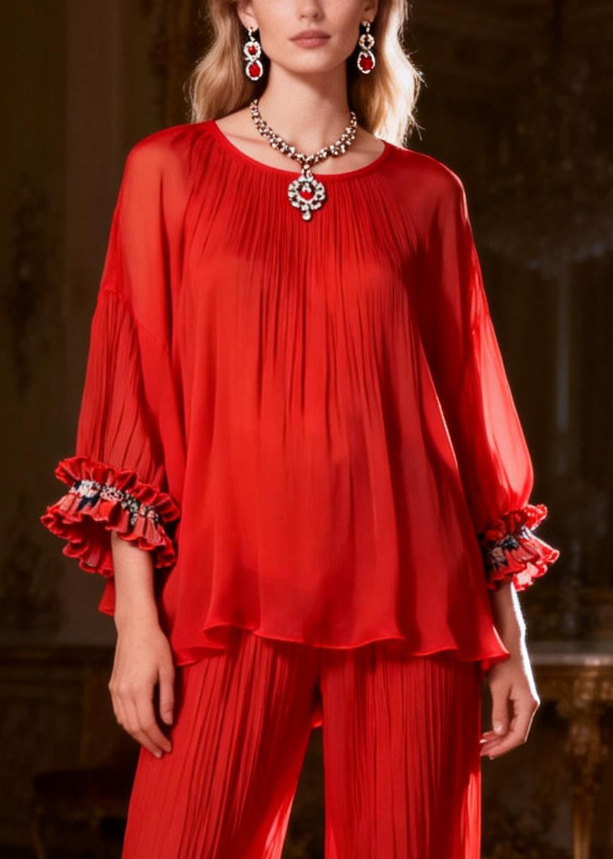 Loose Red O Neck Ruffled Tops and Crop Pants Two Piece Set Bracelet Sleeve
